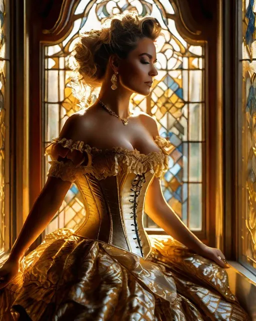 Prompt: A model poses in an ornate 19th century corset and ruffled gown, sunlight from a nearby window caressing her skin and lighting up intricate gold brocade detailing. In the style of Mark Laita.