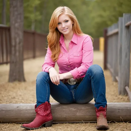 Prompt: Very beautiful blonde and a red head. Girl She is wearing a pink shirt. Jeans and cowboy boots