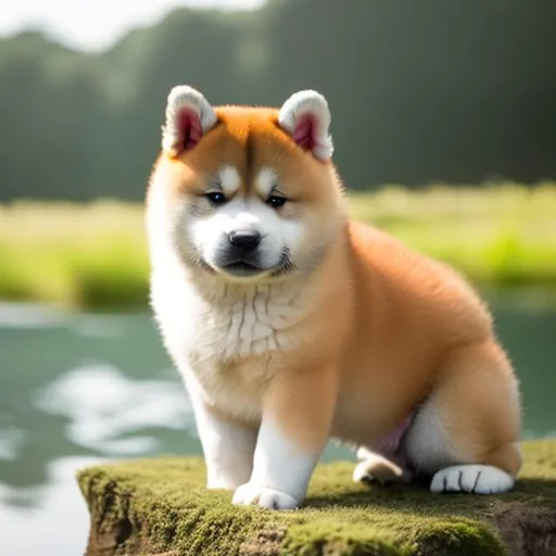 Prompt: akita inu puppy near a lake