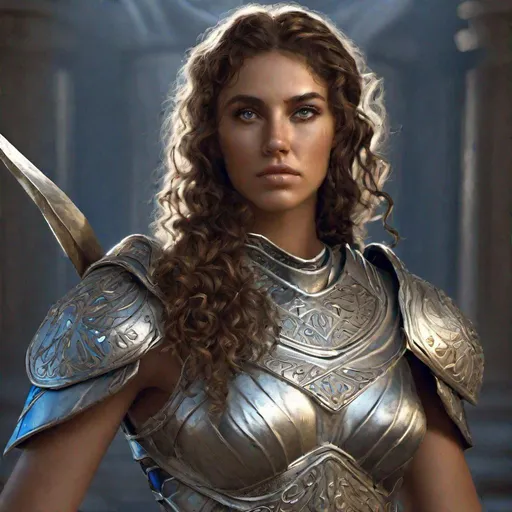 Prompt: beautiful greek woman, thin, lithe, curly brown hair, olive skin, blue eyes, silver armor, severe, hyper realistic, beautifully detailed, epic lighting