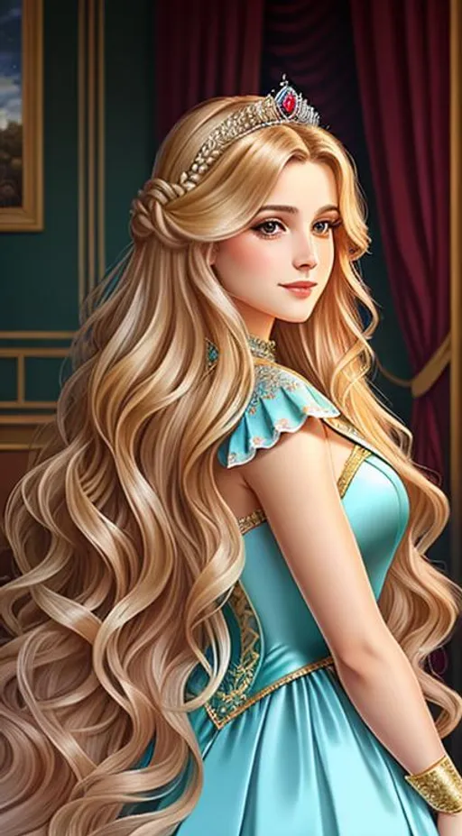 Prompt: portrait, long wavy hair, female, Illustration, princess dress