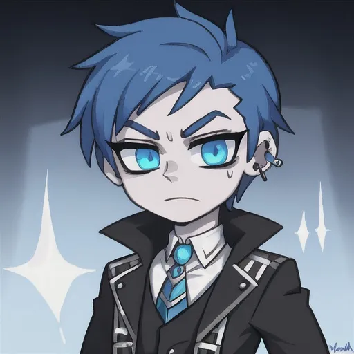 Prompt: Monster high, Jackson Jekyll, humam, pale skin, blue eyes, black short hair, nerdy, male, shy, eyebrow piercing, emo