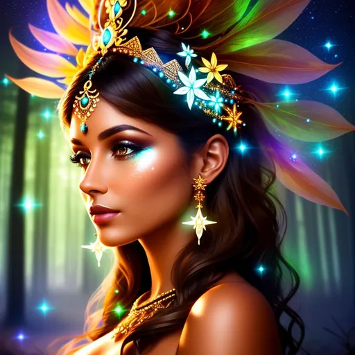 Prompt: Beautiful woman, deep tan skin, spirit of the forest, intricate headpiece, ethereal, luminous, wisps, stars, glowing, trails of light, sparkles, 3D lighting, fantasy