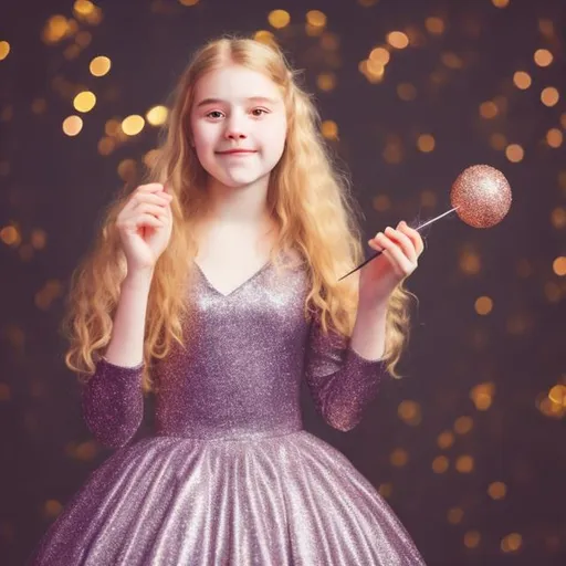 Prompt: 16 year old girl in a glittery puffy ball gown holding her magic wand 