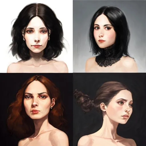 Prompt: four images of one women with different expressions, each face in a different style, introspective, sharp, acrylic