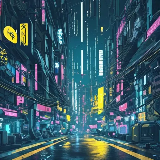 Prompt: Yellow and dark navyblue cyberpunk city
