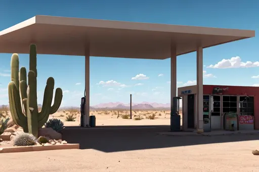 Prompt: 8k, ultra-realistic, UHD, abandoned gas station in the desert, cacti across landscape, desert scene, sun shining down