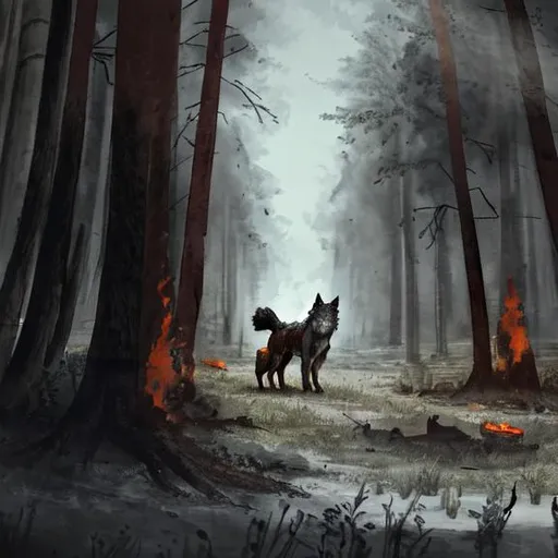 Prompt: In a burning forest, a wolf, with armor and a rifle, walks over the corpses of his companions.