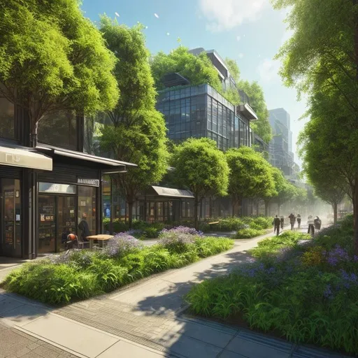 Prompt: urban downtown storefront, cafe, sunny day, Realistic, lush, green forest, many trees, with a path, nature, wildlife, high res, 4K, futuristic dystopian city, thunder in the night sky, sparks, realistic, absurd; early morning, summer, cinematic lighting, detailed digital illustration, procreate, hyperrealistic, highly detailed, 8k