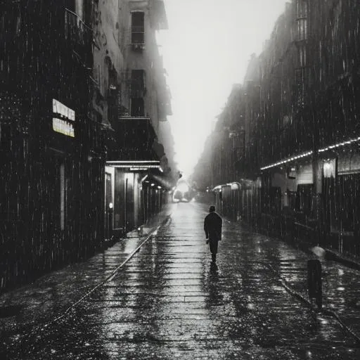 Prompt: walking in dark street. alone one man in midnight. 
no light in the street just some fades. and raining.