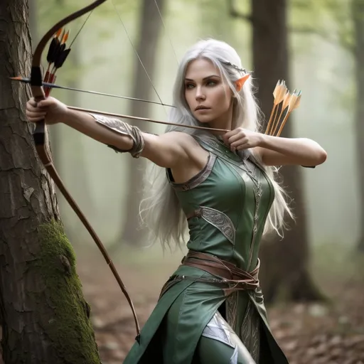 Prompt: A full length portrait of a fantasy character, a graceful and ethereal elven archer, with flowing silver hair and a keen eye, expertly shoots arrows infused with magic, defending the woodland realm. She is wearing a green leather tunic and leggings, and a quiver of arrows on her back. She is standing on a tree branch, aiming at an unseen enemy. Her arrows are glowing with a soft white light, and the air around her is filled with sparks and wisps of magic.