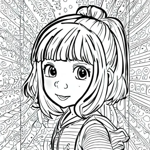 Prompt: drawing style  line art coloring book page for young  adults of a cute adorable little girl starting middle school cartoon dynamic detailed 8k HD  -- AR 2:3