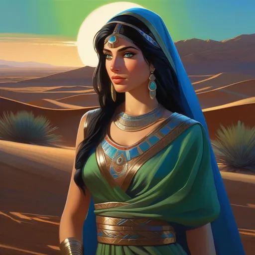Prompt: Third person, gameplay, ancient Assyrian girl, pale skin, black hair, green eyes, blue atmosphere, Nineveh at night, desert, cartoony style, extremely detailed painting by Greg Rutkowski and by Henry Justice Ford and by Steve Henderson 
