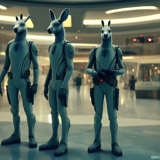 Prompt: Kangaroo security guards in a busy alien mall, widescreen, infinity vanishing point, galaxy background, surprise easter egg