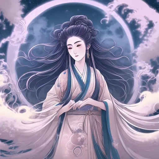 Prompt: A beautiful and ethereal moon goddess with long hair depicted In traditional Japanese attire standing in the flowing wind behind the full moon in the artstyle of digital art and anime