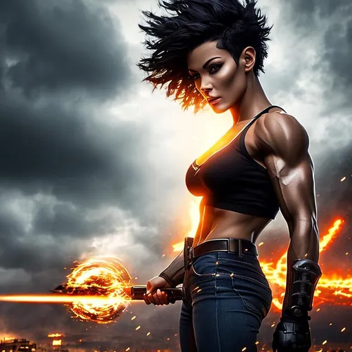 Prompt: very short hair, photorealistic, beautiful woman with muscles, full body, androgynous beautiful face, extreme energy bursting forth, ideal proportions, epic, some monster-like features, apocalyptic war, dimensional storm