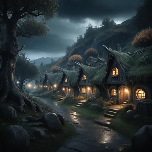 Prompt: Weathered, fantasy RPG style hobbit village in forest, various huts, high res, eerie atmosphere, dark mood, heavy rain, detailed structure, detailed foliage, various trees, high quality, detailed, RPG, fantasy, weathered, atmospheric lighting, dense foliage, diverse trees, rustic, dark blue tones, smoke from chimney, night, dramatic view, seen from distance, autumn
