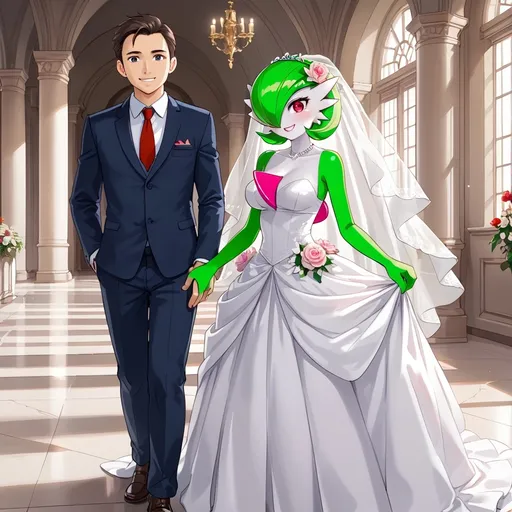 Prompt: Gardevoir smiling wearing a wedding dress next to her human male husband.