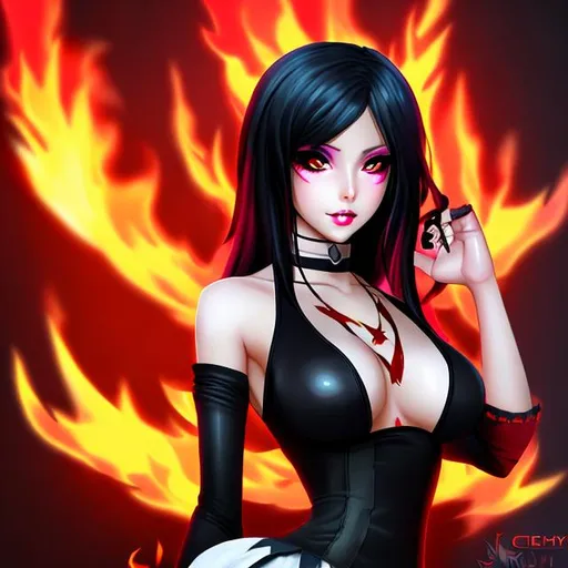 Prompt: Evil anime girl with black hair long red nails
stepping out of a flamey background