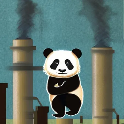 Prompt: a panda is standing in front of a smokestacks

