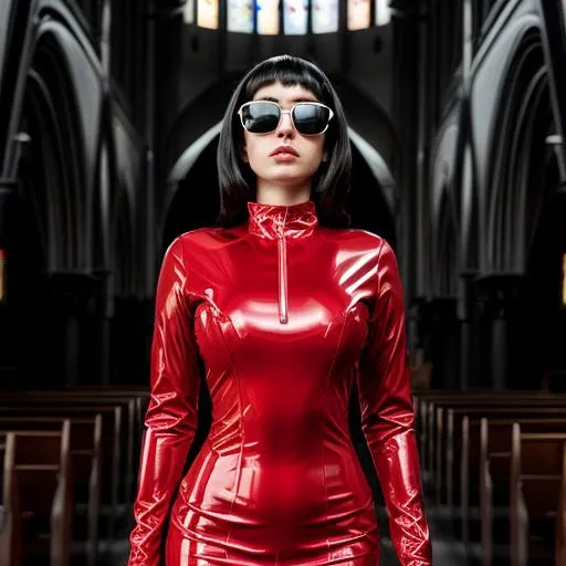 Prompt: Beautiful woman from a random country, futuristic black sunglasses wearing a red latex futuristic dress, in a futuristic catholic chapel, highly detailed, ambient light, provocative.