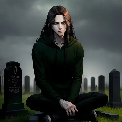 Prompt: Anime illustration of a man with long dark brown hair, soft green eyes, a carefree look, wearing a black hoodie and skinny jeans, sitting in a cemetery, gothic anime style, detailed facial features, anime, moody lighting, dark and eerie atmosphere, detailed hair, somber mood, anime, gothic, dark tones, atmospheric lighting, carefree, spirit, yokai, ghost, apparition, grave, lost