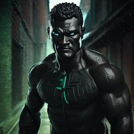 Prompt: Ultra-realistic. Villain. Dark skin. Black and dark green. Detailed. 3k. HD. background: wet brick wall, inner city