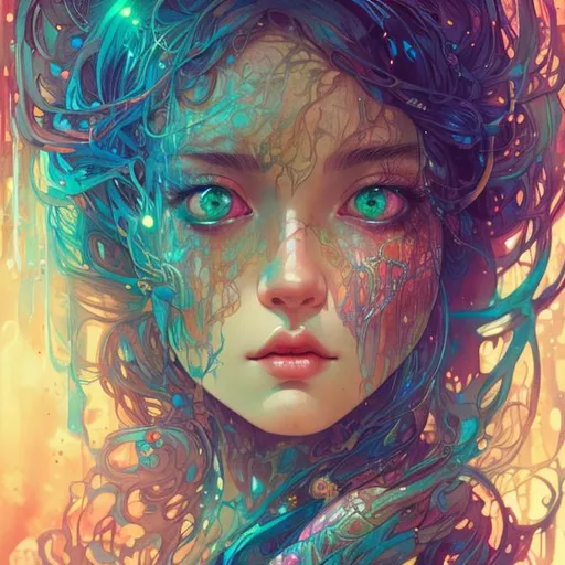 Prompt:  girl in a cylindrical aquarium, colorful light, intricate, ethereal, rococo, by Carne Griffiths and mucha, trending on artstation, anime art, beautiful face, ultra detailed eyes.