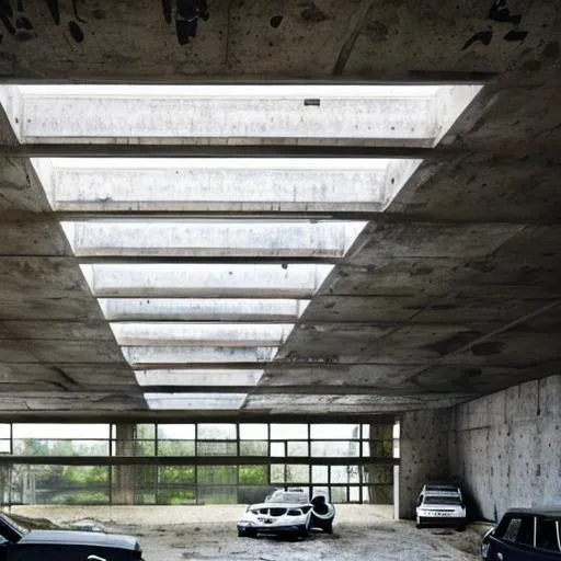Prompt: brutalist architecture  garage. with lots of natural light and 2 cars inside