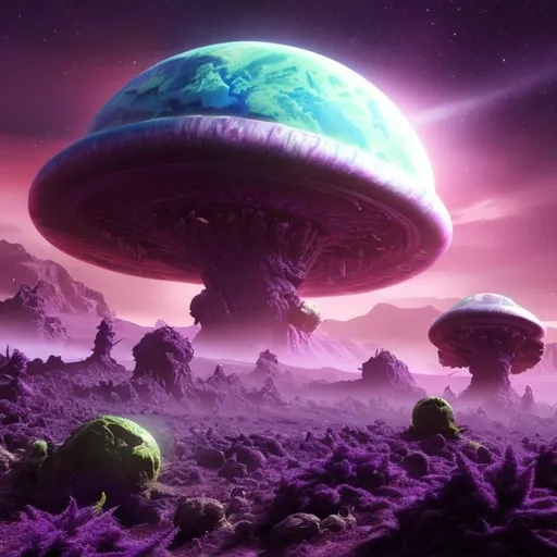 Prompt: Aliens on a planet made of purple marijuana realistic high quality detailed 