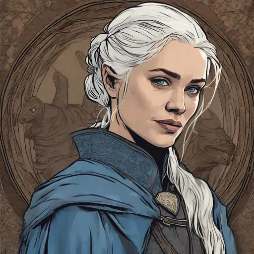 Prompt: Game of Thrones Female with shoulder-length white hair, No necklace, Lucious thicker lips, Intimidating blue eyes with a smirk, Member of House Arryn, wearing a gambeson with a pin of a Logo of House Arryn, dirty hair