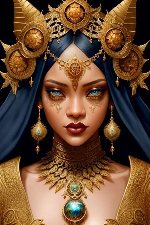Prompt: Symmetrical + ((rihanna)) + middle close up + evil + lace + gothic + occult + dangerous + goddess of death + skulls + dark magical symbolism + high detail + hyperdetailed + elegant + intricate+ frightening + An ultra hd detailed painting different type of a Iranian war by android jones, earnst haeckel, james jean. behance contest winner, generative art, baroque, intricate patterns, fractalism, movie still, photorealistic