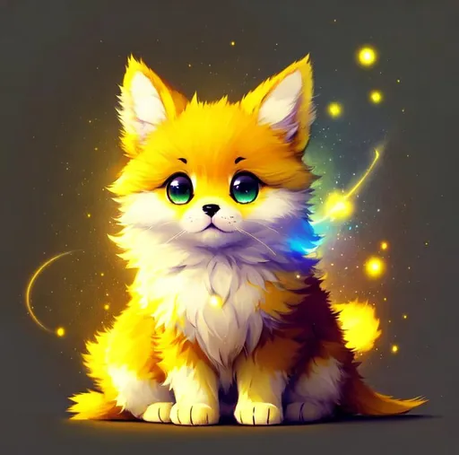 Prompt: Cute, yellow, fluffy, fantasy light puppy, with lighting, yellow eyes, yellow fur, and possessing the element of space and making circles of lighting stripes
 move around in the air in a magical way, in a space background. Perfect features, extremely detailed, realistic. Krenz Cushart + loish +gaston bussiere +craig mullins, j. c. leyendecker +Artgerm.