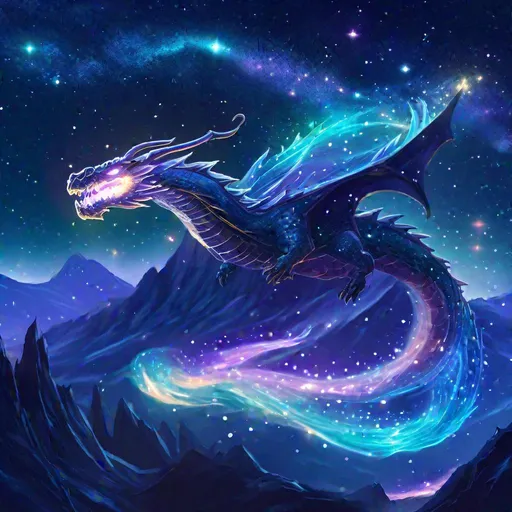 Prompt: A fantasy translucent wyrm that is glowing, flying over a mountain, sparkles trailing behind, beneath the milky way galaxy, bioluminescent, highres, best quality, concept art