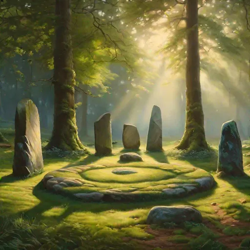 Prompt: standing stones arranged in a circle in a glade, smooth lighting, oil on canvas, ultrarealistic, 8K