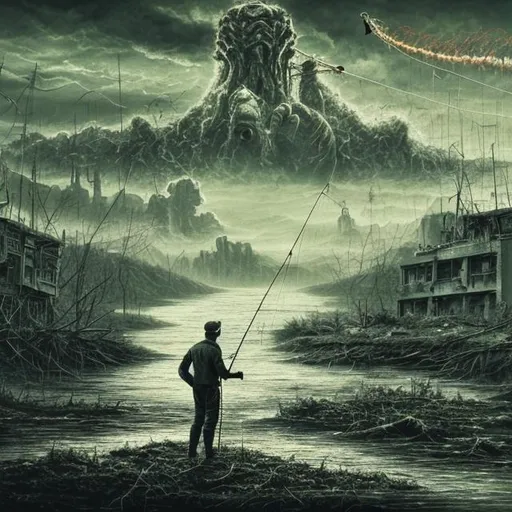 Prompt: Angler with fishing rod in nuclear Apokalypse landscape
