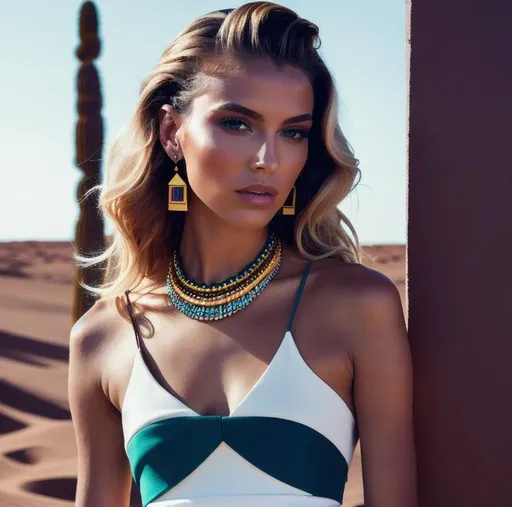 Prompt: Flawless fashion editorial photography, balayage, bold color palette, balenciaga, desert, award winning photography, fashion magazine, summer fashion, luxury, stylish jewelry