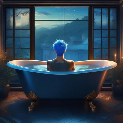 Prompt: blue-haired man, back image, detailed tatoo in the back, lying in a long bathtub, big window in front of the boy, his body fits the window, dark colors, high quality, digital art, intricately detailed, volumetric lighting, ultra detailed, 32k resolution, best quality, vector sleeve,, high quality, digital art, intricately detailed, volumetric lighting, ultra detailed , 32k resolution, best quality, manga vector,