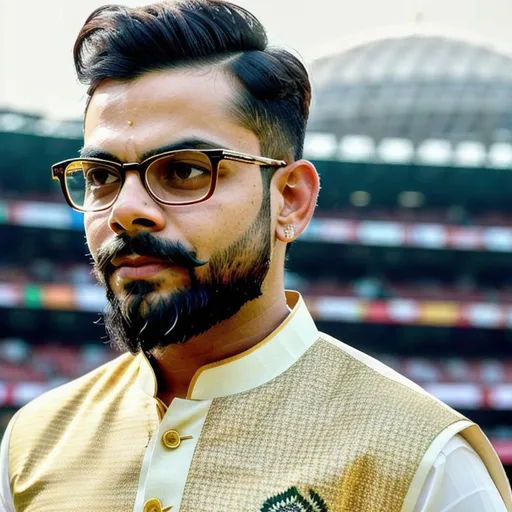 Prompt: Mid shot, Virat Kohli, hair slicked back, neatly trimmed moustache, thick rimmed square glasses, slight smile, wearing bengali style kurta with golden embroidery, Kolkata Eden garden stadium in the background, slightly shallow depth of field, soft diffused daylight, photorealistic, hyper-realistic, cinematic look