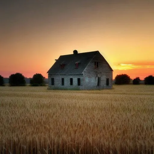 Prompt: An abandoned farmhouse sitting in the middle of a wheat field at sunset