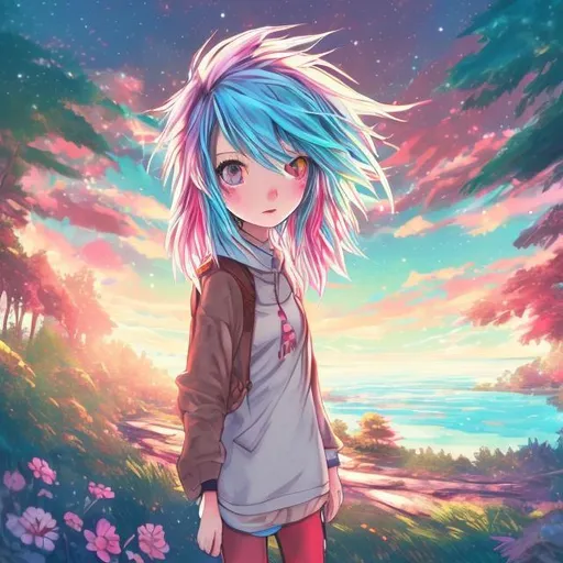 Prompt: anime style, friend on a journey, forest, sunny, lake,duck in the sky, hdr10, vivid, pink and blue hair, red and green hair, girl, blue eye ,blue lake