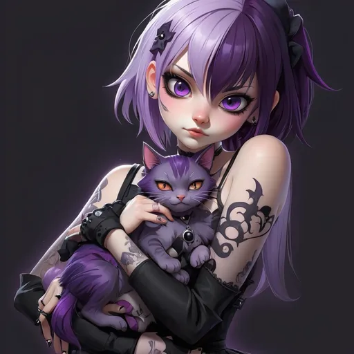 Prompt: anime girl with purple hair holding a cat in her arms, portrait of a goth, gothic maiden anime girl, portrait of cute goth girl, gothic princess portrait, cute anime girl portrait, gothic girl, gothic maiden, portrait anime girl, anime character portrait, pet, emo girl and her cat, anime visual of a cute cat, anime girl portrait, goth girl
