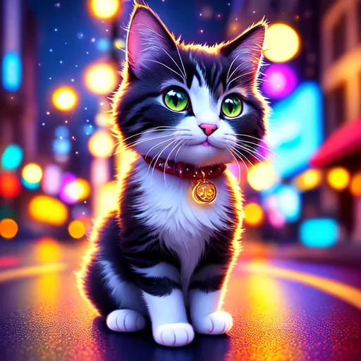 Prompt: Pixar style cute cat, highly detailed, fluffly, intricate, city street background, painting, galaxy sky, nighttime, soft light, art, light trails, fireflies, ultra high octane render, bokeh, hypermaximalist, vaporwave