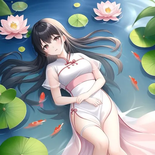Prompt: young chinese woman lying on her back in a pond with water rushing onto her, anime style, light colored (hanfu dress), (light pink), (lily pads), (clear water), koi fish,  cool lighting, smooth (stones), calm, peaceful, carps, beautiful, shallow water, grey pebbles, plants, youthful, (cute), beautiful, mystical