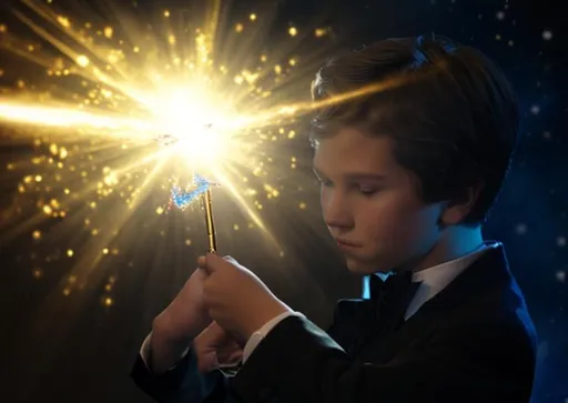 Prompt: 13 year old boy in a tuxedo casts a gold sparkle magic spell with his magic wand on a 5 year old girl