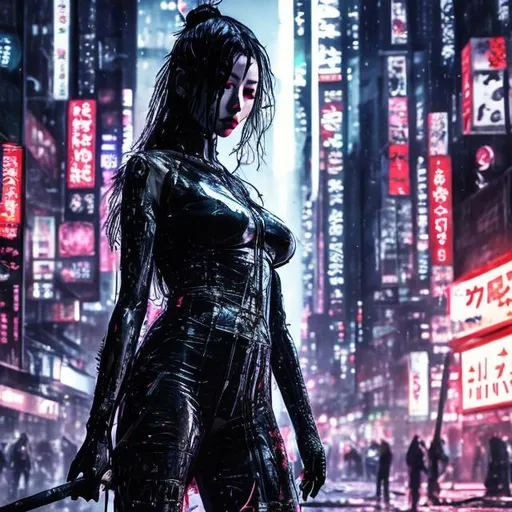 Prompt: 4k. Focused. black and neon switchblade killer lady. Beautiful. Deadly.. Full body. Accurate. realistic. evil eyes. Slow exposure. Detailed. Dirty. Dark and gritty. Post-apocalyptic Neo Tokyo .Futuristic. Shadows. Armed. Fanatic. Intense. 