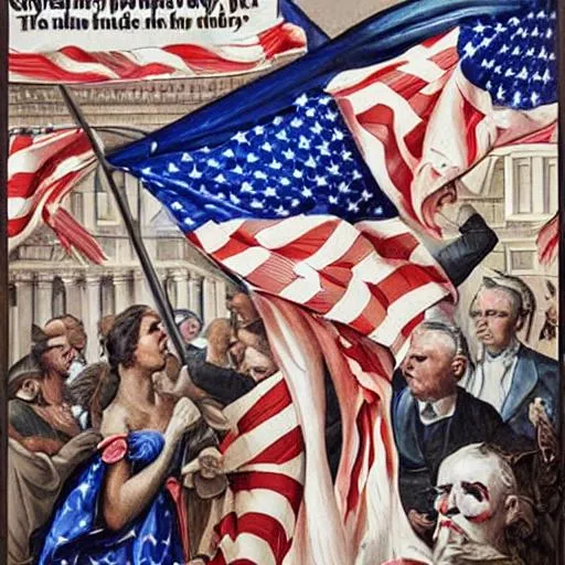 Prompt: Create Political Poster in the style of neoclassicism criticizing the American Internal Revenue Service theft of tax payer money.

incorporate American flag, and stereotypical bank robbers