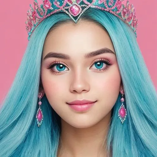 Prompt: princess wearing tiara, pink and turquoise color scheme, facial closeup
