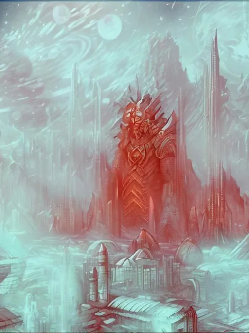 Prompt: Pagan architecture space city background. Warrior king in foreground.