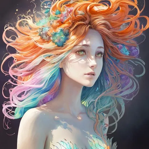 Prompt: {{{{highest quality concept watercolor}}}} digital drawing watercolor painting with {{visible textured brush strokes}}, Beautiful mermaid, photorealistic face, curl long multicolored beaming mandelbrot clusters fractal Hair, digital painting, artstation, illustration, concept art, smooth, sharp focus, {{hyperrealistic intricate perfect orange long hair}} and {{hyperrealistic perfect clear bright green eyes}} soft skin and red blush cheeks and cute smile, epic fantasy, perfect anatomy in perfect composition approaching perfection, hyperrealistic intricate mirrored room in background, cinematic volumetric dramatic dramatic studio 3d glamour lighting, backlit backlight, 128k UHD HDR HD, professional long shot photography, unreal engine octane render trending on artstation, sharp focus, occlusion, centered, symmetry, ultimate, shadows, highlights, contrast